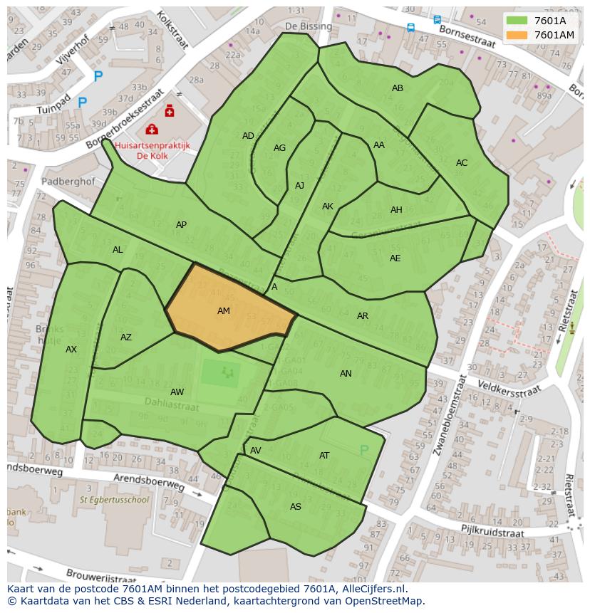 Afbeelding van het postcodegebied 7601 AM op de kaart.
