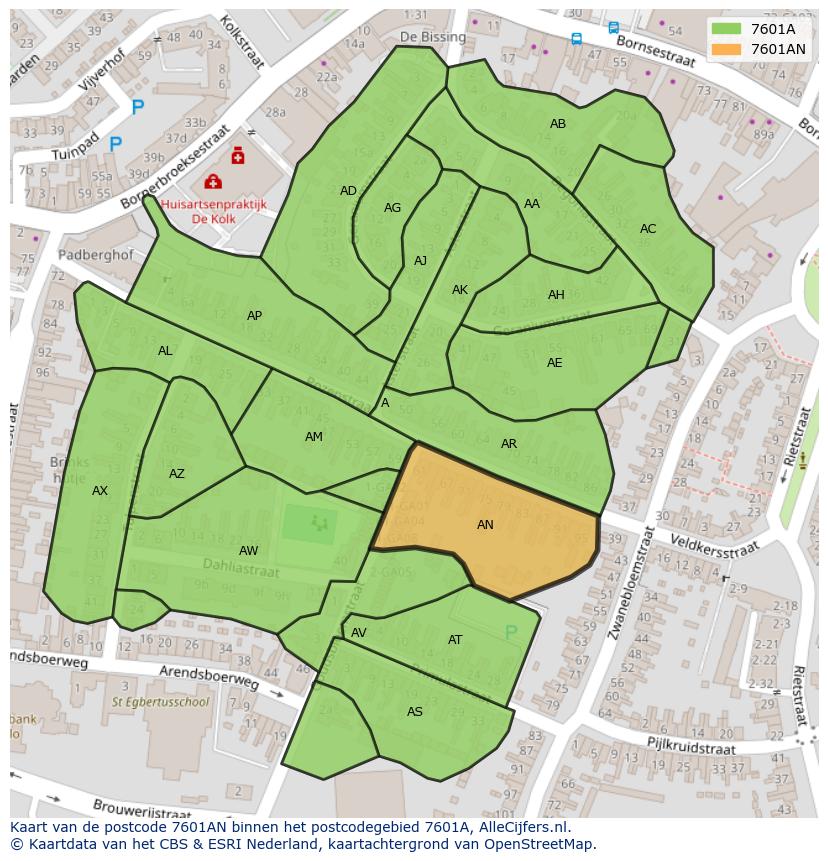 Afbeelding van het postcodegebied 7601 AN op de kaart.