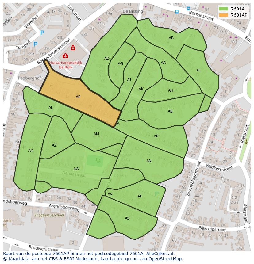 Afbeelding van het postcodegebied 7601 AP op de kaart.