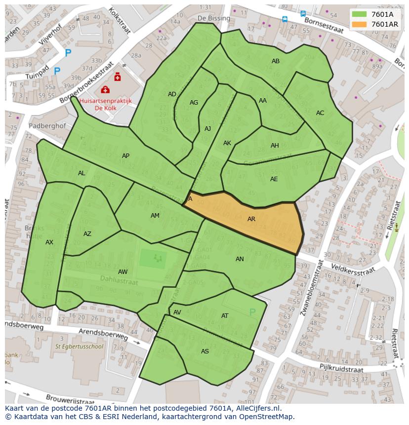 Afbeelding van het postcodegebied 7601 AR op de kaart.