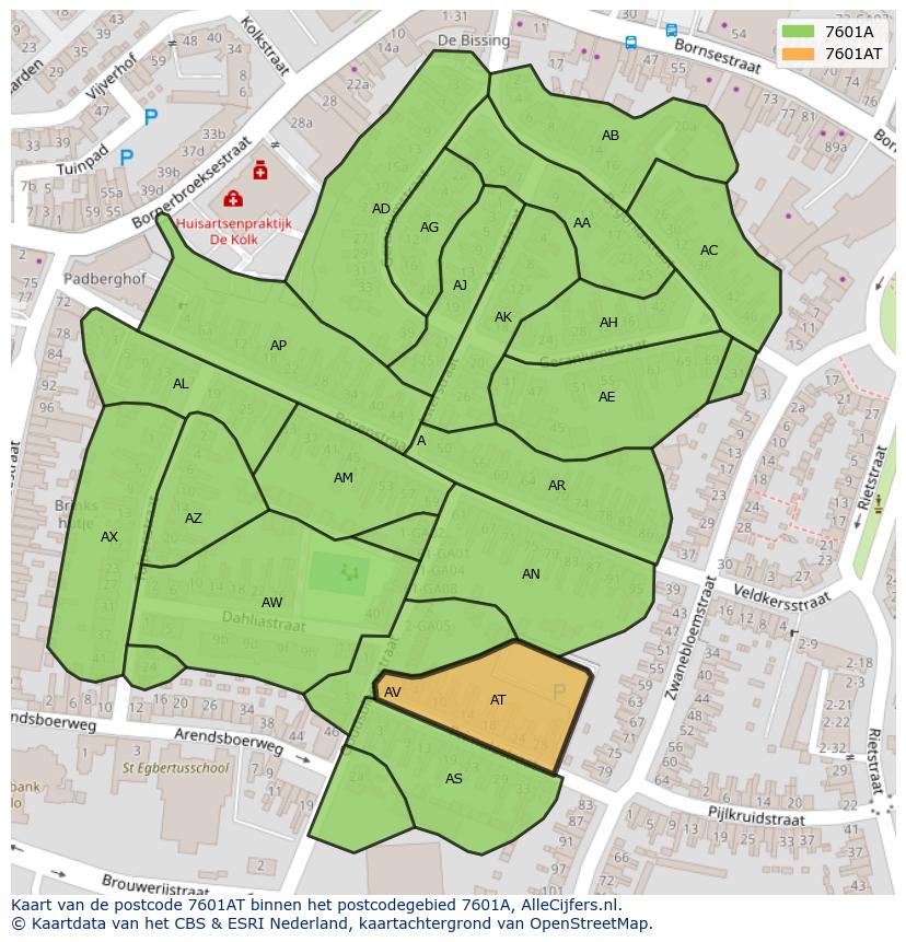 Afbeelding van het postcodegebied 7601 AT op de kaart.