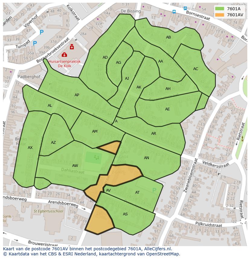 Afbeelding van het postcodegebied 7601 AV op de kaart.