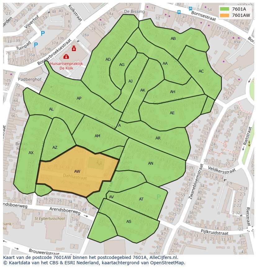 Afbeelding van het postcodegebied 7601 AW op de kaart.