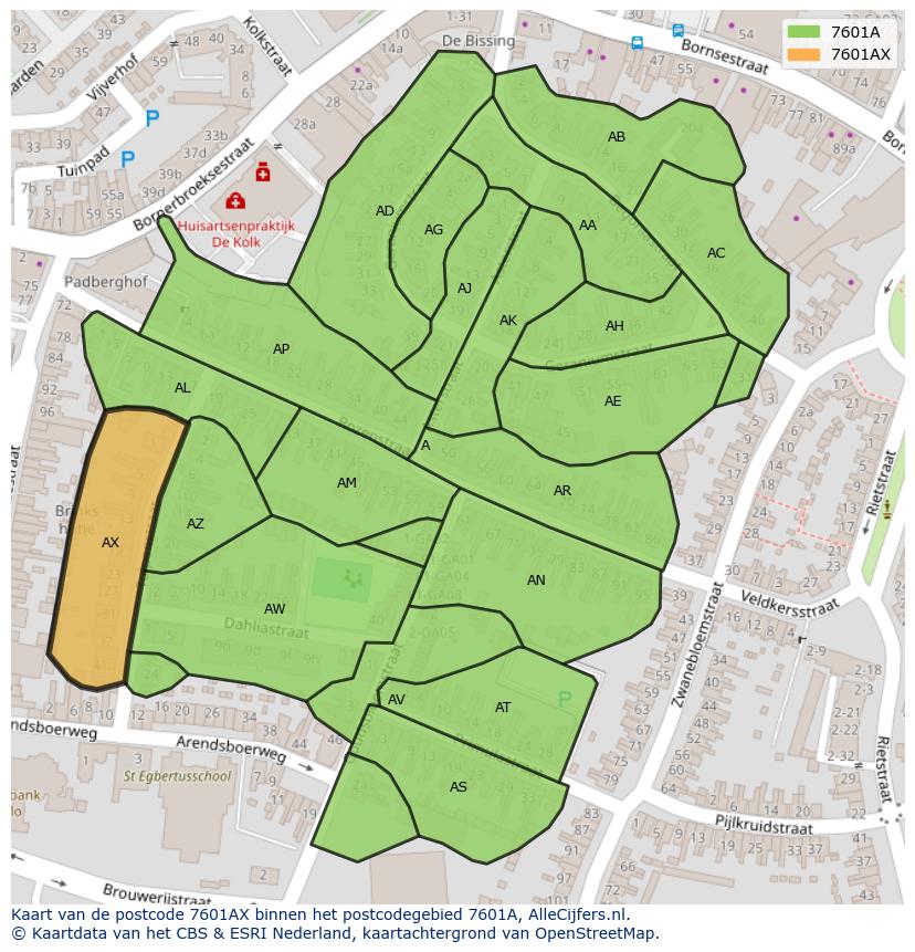 Afbeelding van het postcodegebied 7601 AX op de kaart.