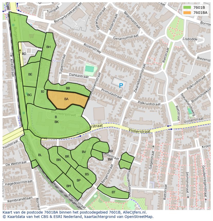 Afbeelding van het postcodegebied 7601 BA op de kaart.