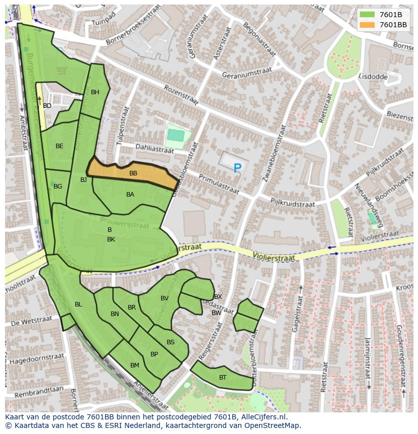 Afbeelding van het postcodegebied 7601 BB op de kaart.