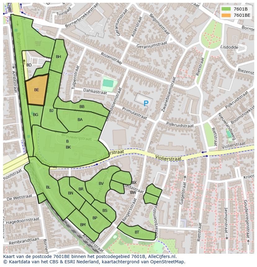Afbeelding van het postcodegebied 7601 BE op de kaart.