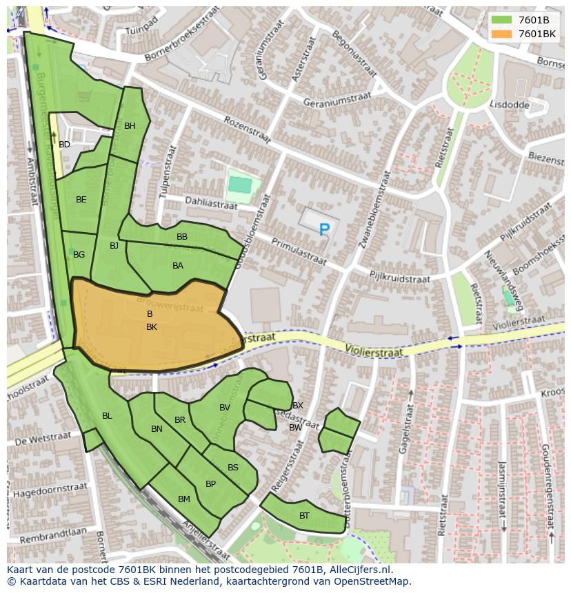 Afbeelding van het postcodegebied 7601 BK op de kaart.