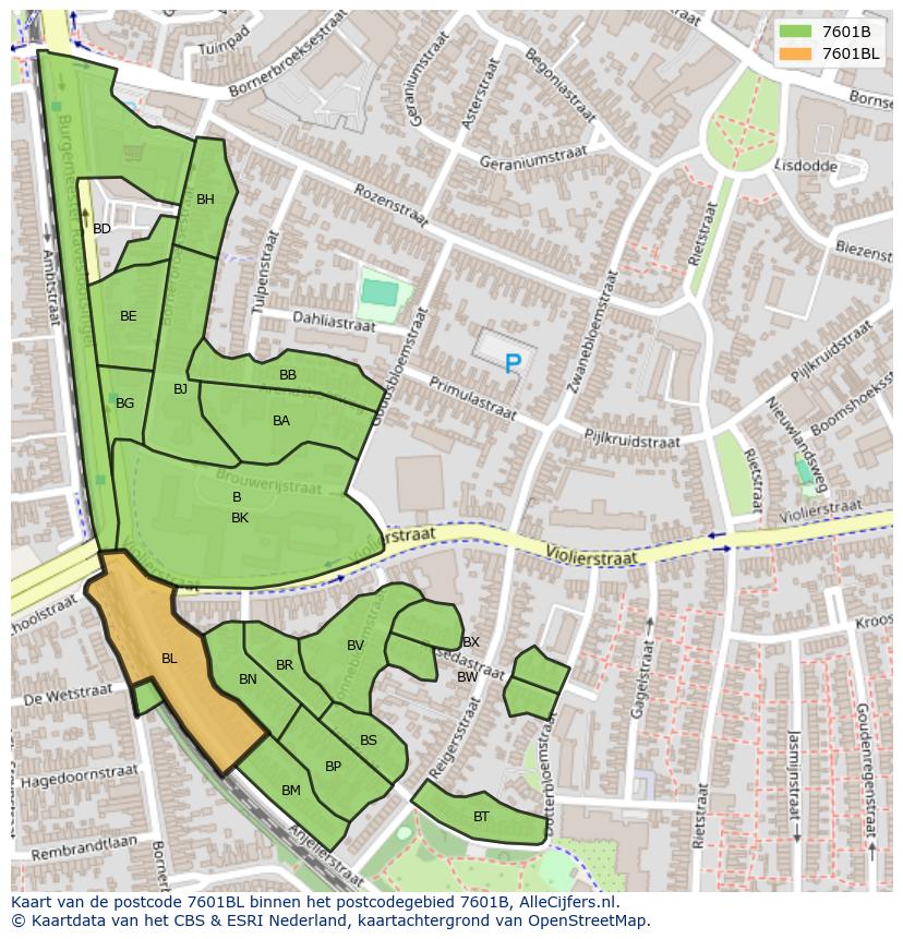 Afbeelding van het postcodegebied 7601 BL op de kaart.