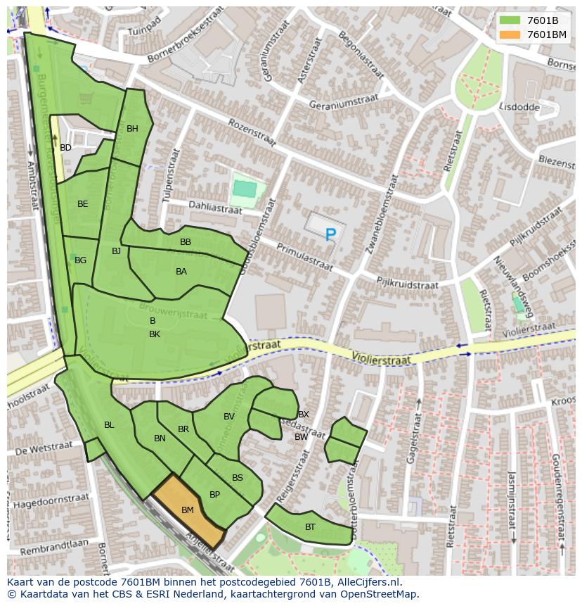 Afbeelding van het postcodegebied 7601 BM op de kaart.