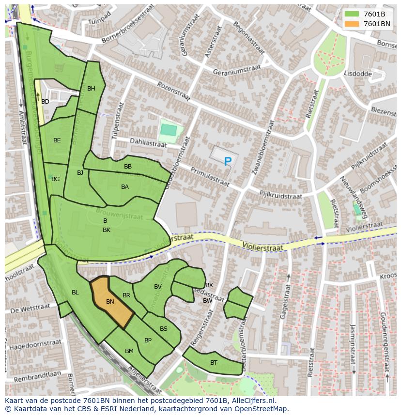 Afbeelding van het postcodegebied 7601 BN op de kaart.