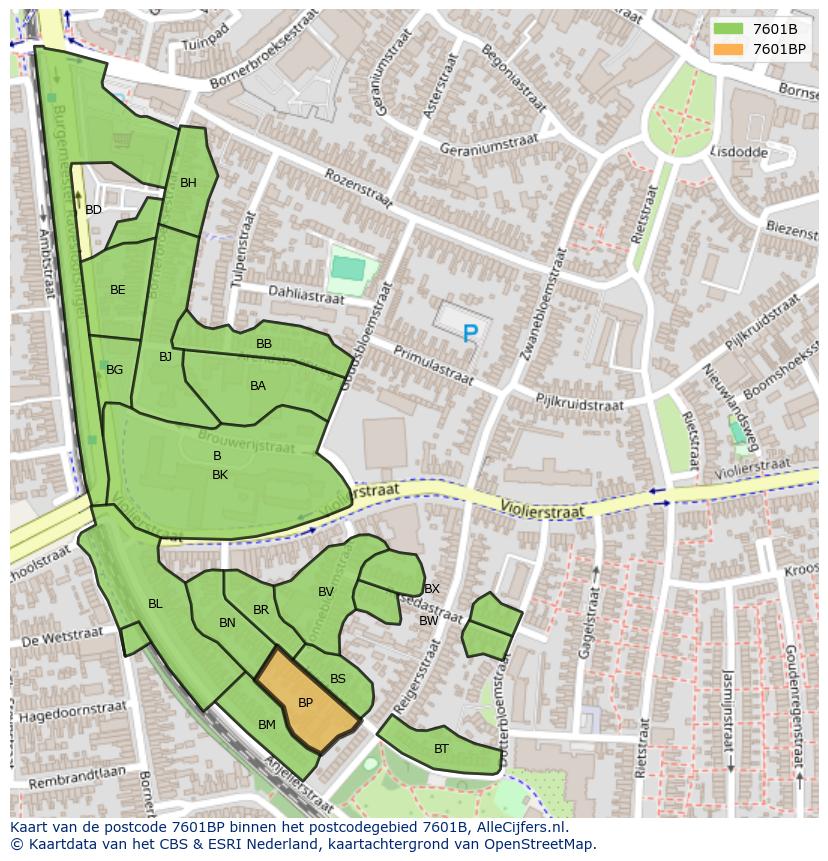 Afbeelding van het postcodegebied 7601 BP op de kaart.