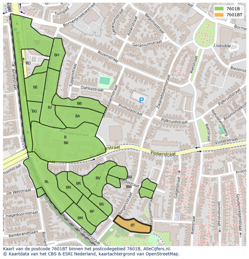 Afbeelding van het postcodegebied 7601 BT op de kaart.