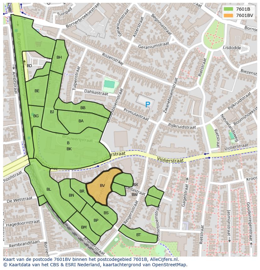 Afbeelding van het postcodegebied 7601 BV op de kaart.