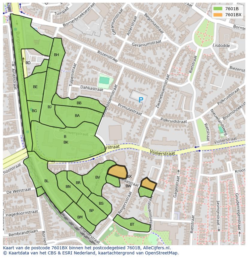 Afbeelding van het postcodegebied 7601 BX op de kaart.