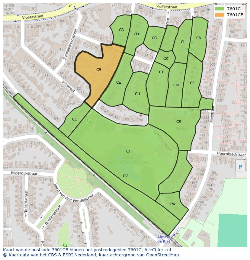 Afbeelding van het postcodegebied 7601 CB op de kaart.