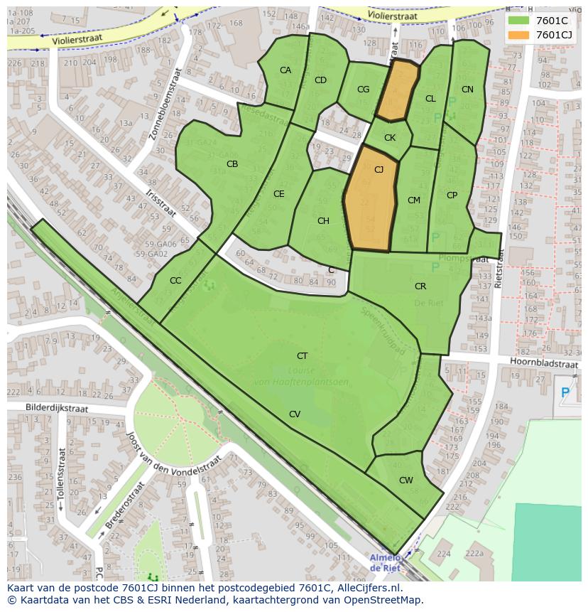 Afbeelding van het postcodegebied 7601 CJ op de kaart.