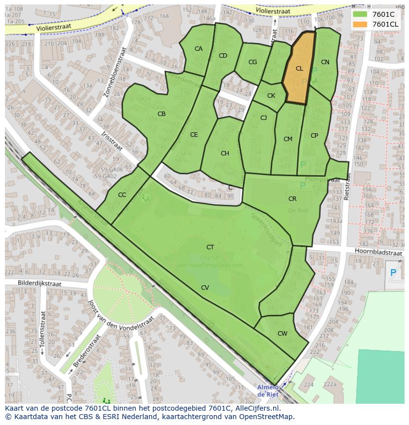 Afbeelding van het postcodegebied 7601 CL op de kaart.