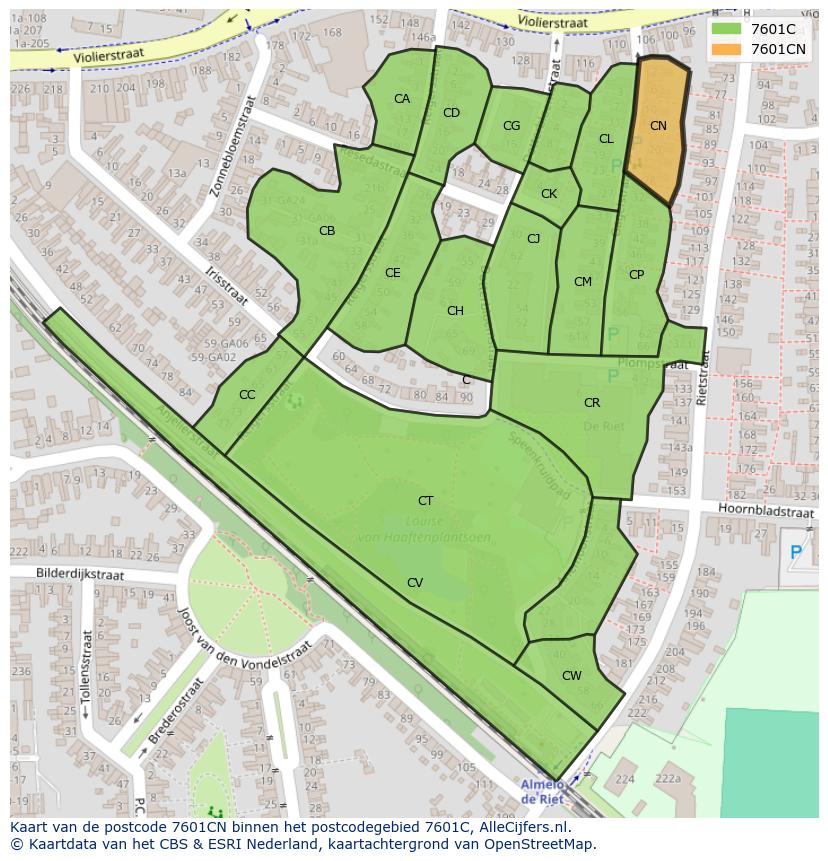Afbeelding van het postcodegebied 7601 CN op de kaart.