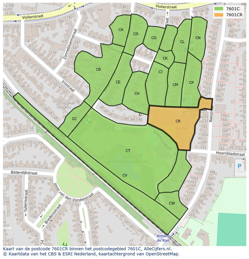 Afbeelding van het postcodegebied 7601 CR op de kaart.