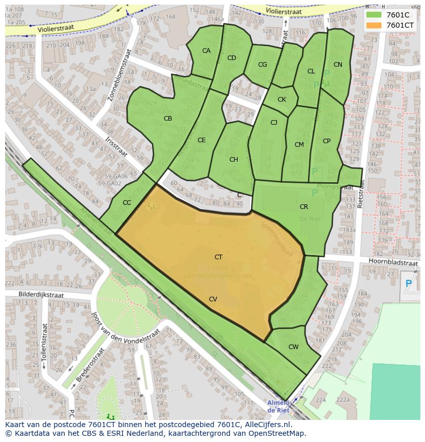 Afbeelding van het postcodegebied 7601 CT op de kaart.