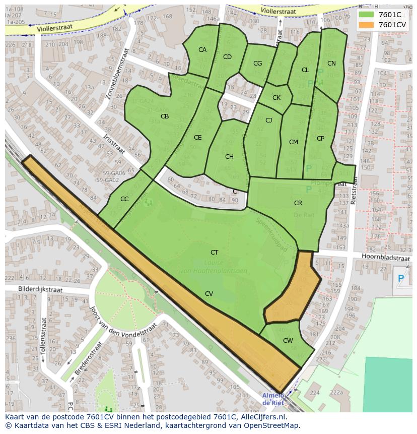 Afbeelding van het postcodegebied 7601 CV op de kaart.