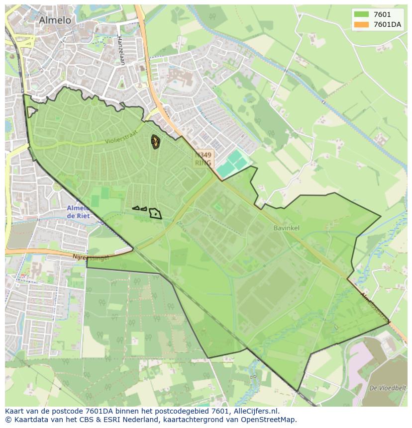 Afbeelding van het postcodegebied 7601 DA op de kaart.