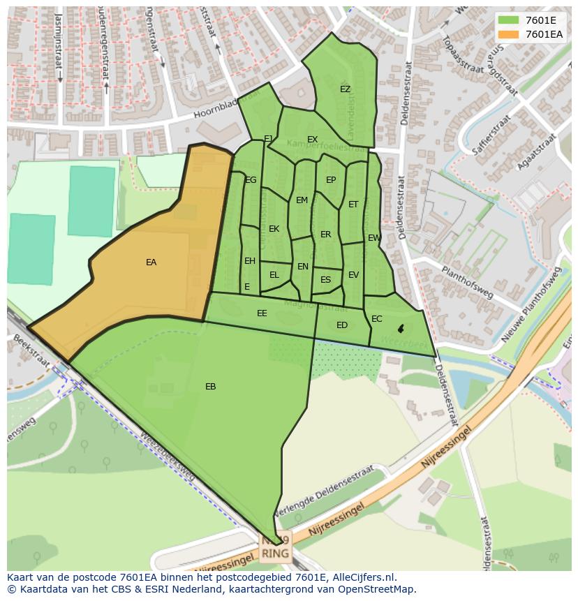 Afbeelding van het postcodegebied 7601 EA op de kaart.