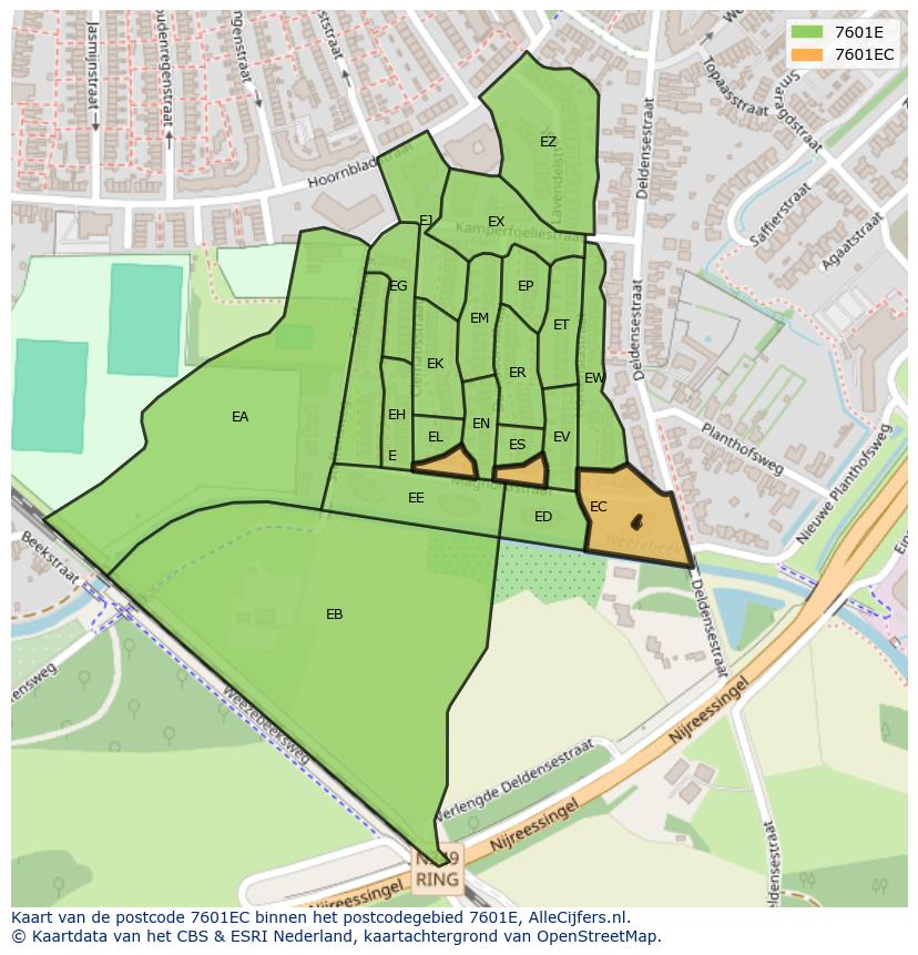 Afbeelding van het postcodegebied 7601 EC op de kaart.