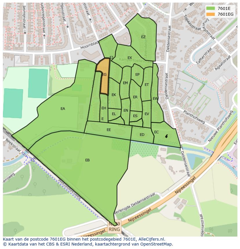 Afbeelding van het postcodegebied 7601 EG op de kaart.