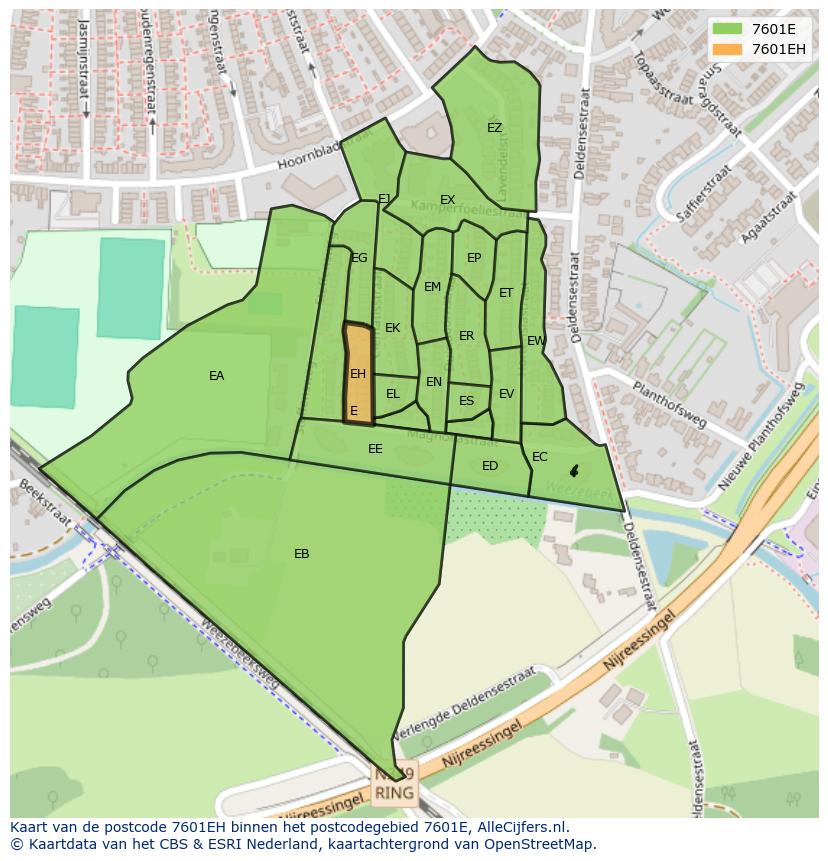 Afbeelding van het postcodegebied 7601 EH op de kaart.