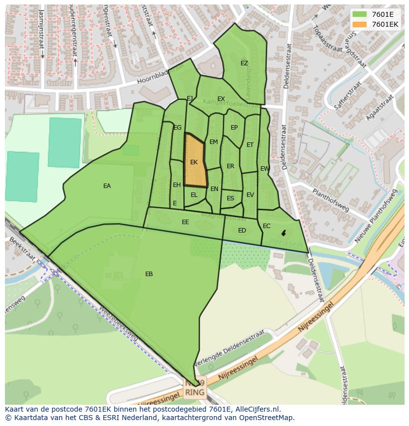 Afbeelding van het postcodegebied 7601 EK op de kaart.