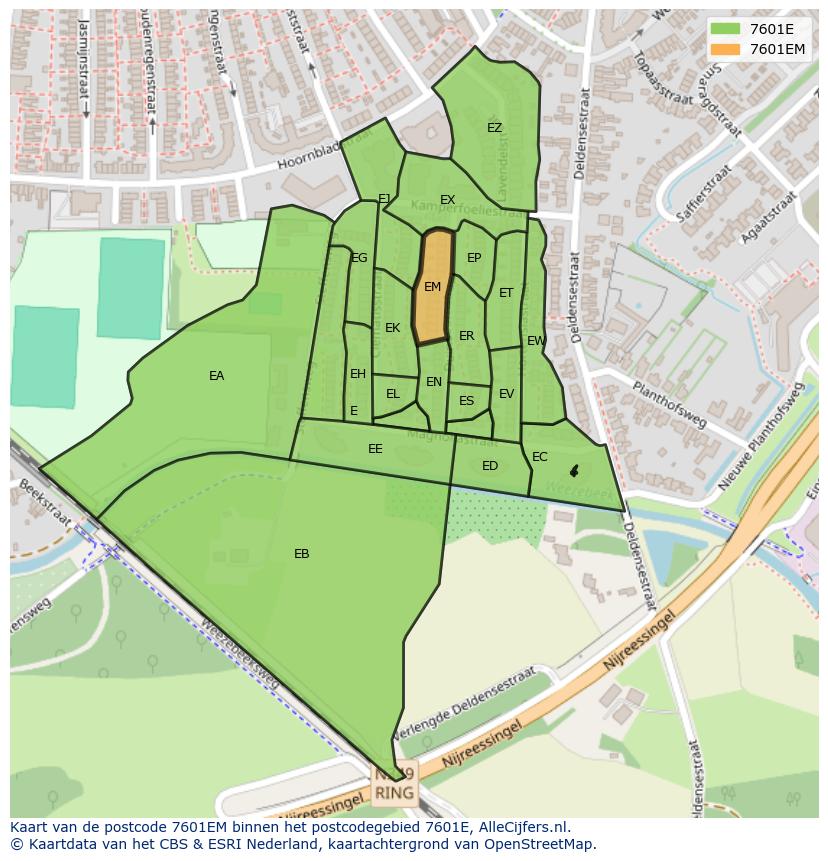Afbeelding van het postcodegebied 7601 EM op de kaart.