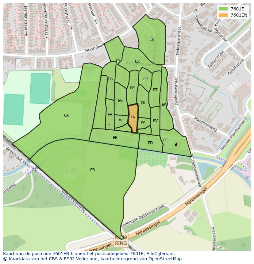 Afbeelding van het postcodegebied 7601 EN op de kaart.