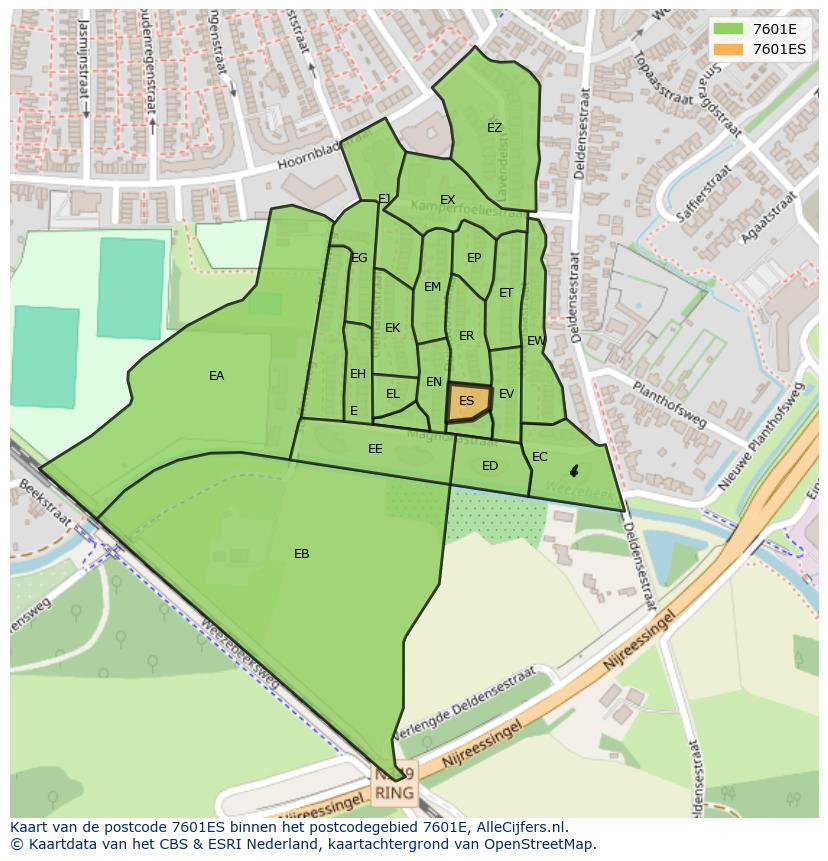 Afbeelding van het postcodegebied 7601 ES op de kaart.
