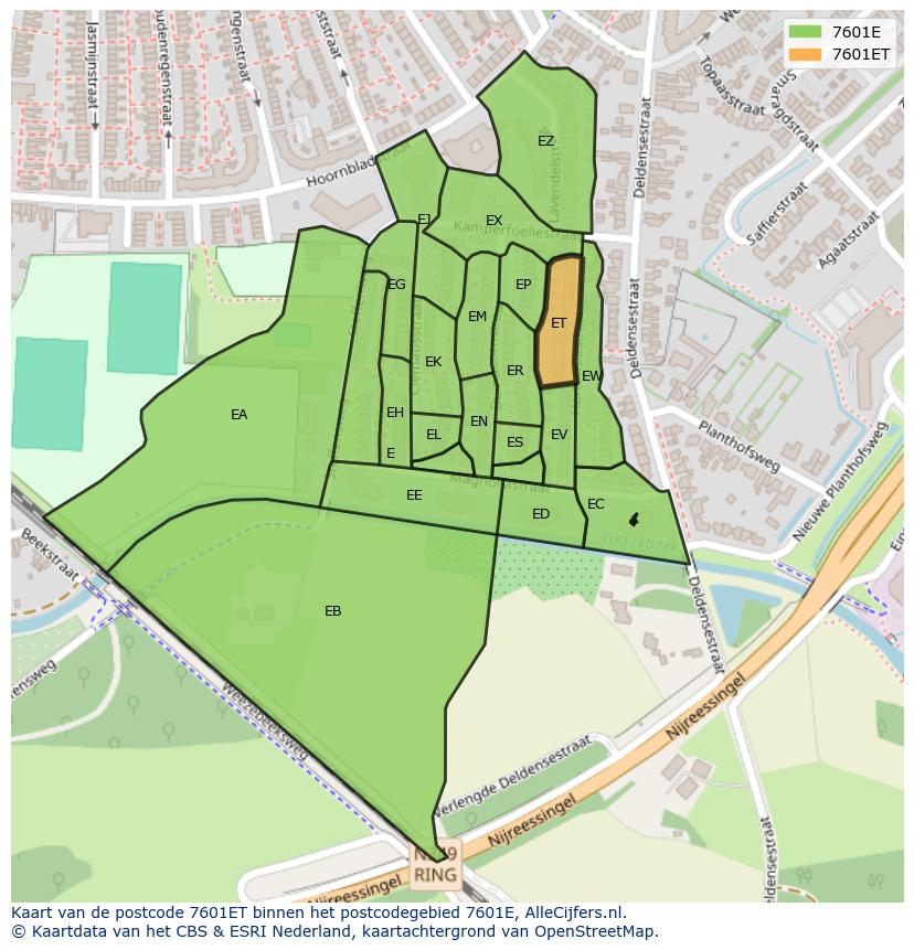 Afbeelding van het postcodegebied 7601 ET op de kaart.