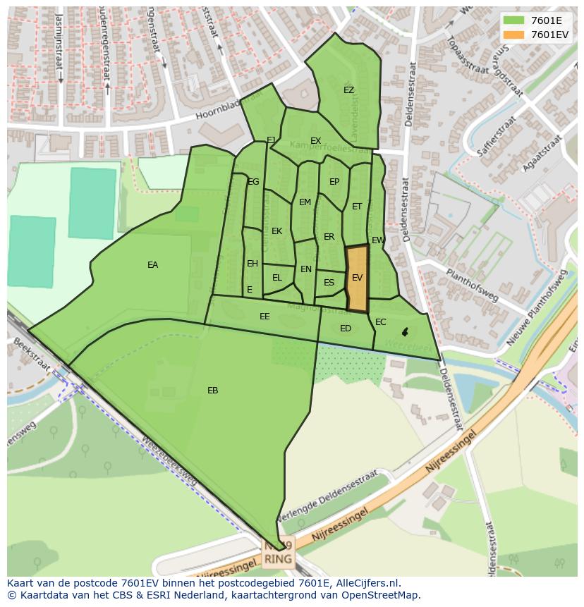 Afbeelding van het postcodegebied 7601 EV op de kaart.