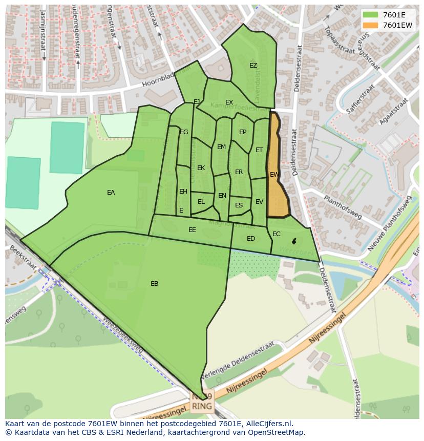 Afbeelding van het postcodegebied 7601 EW op de kaart.