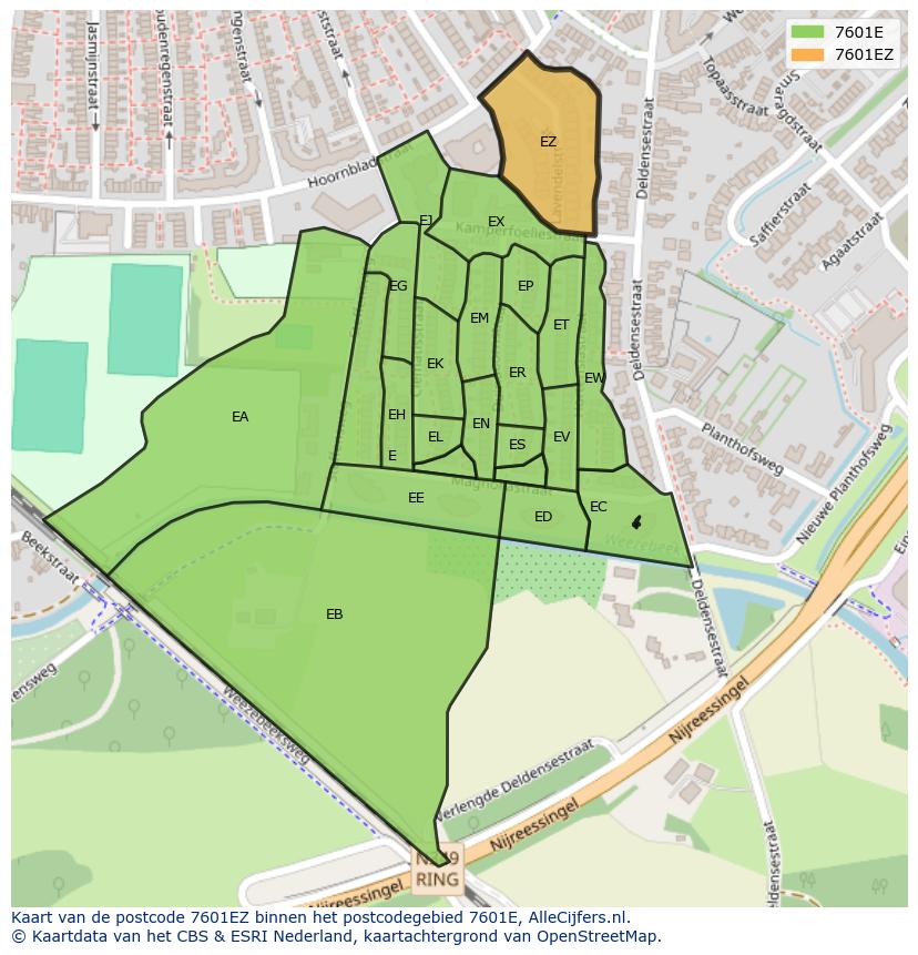 Afbeelding van het postcodegebied 7601 EZ op de kaart.