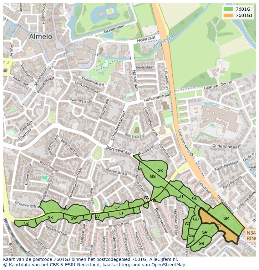 Afbeelding van het postcodegebied 7601 GJ op de kaart.