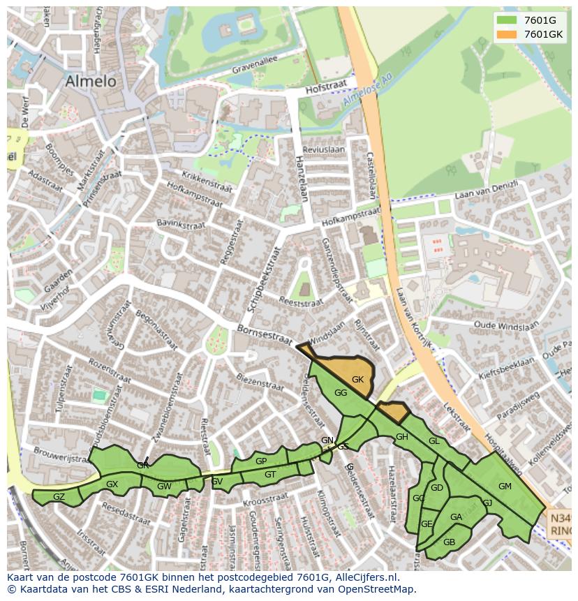 Afbeelding van het postcodegebied 7601 GK op de kaart.