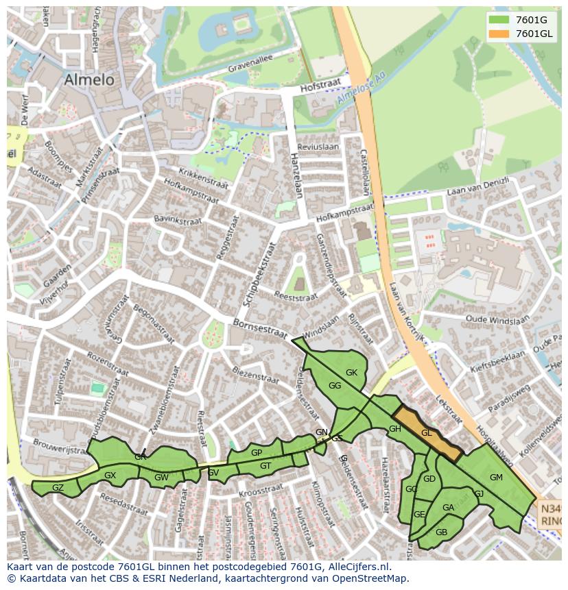 Afbeelding van het postcodegebied 7601 GL op de kaart.
