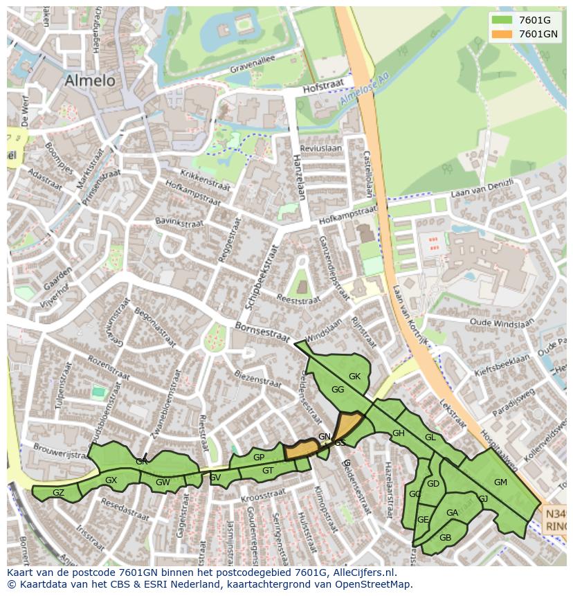 Afbeelding van het postcodegebied 7601 GN op de kaart.