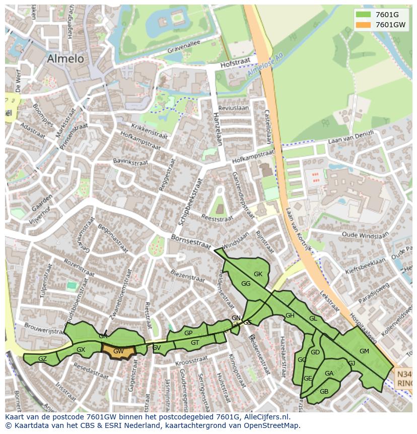 Afbeelding van het postcodegebied 7601 GW op de kaart.
