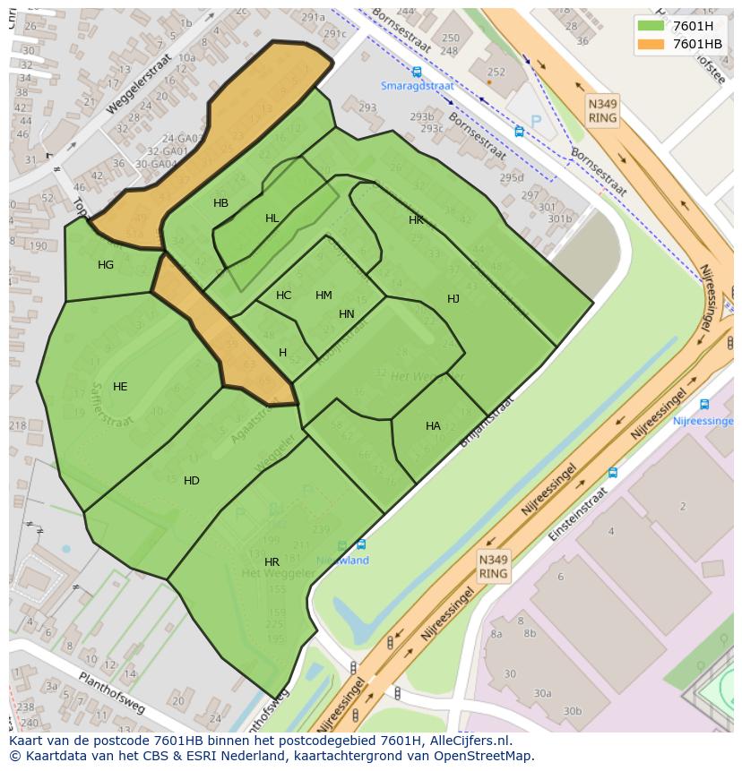 Afbeelding van het postcodegebied 7601 HB op de kaart.