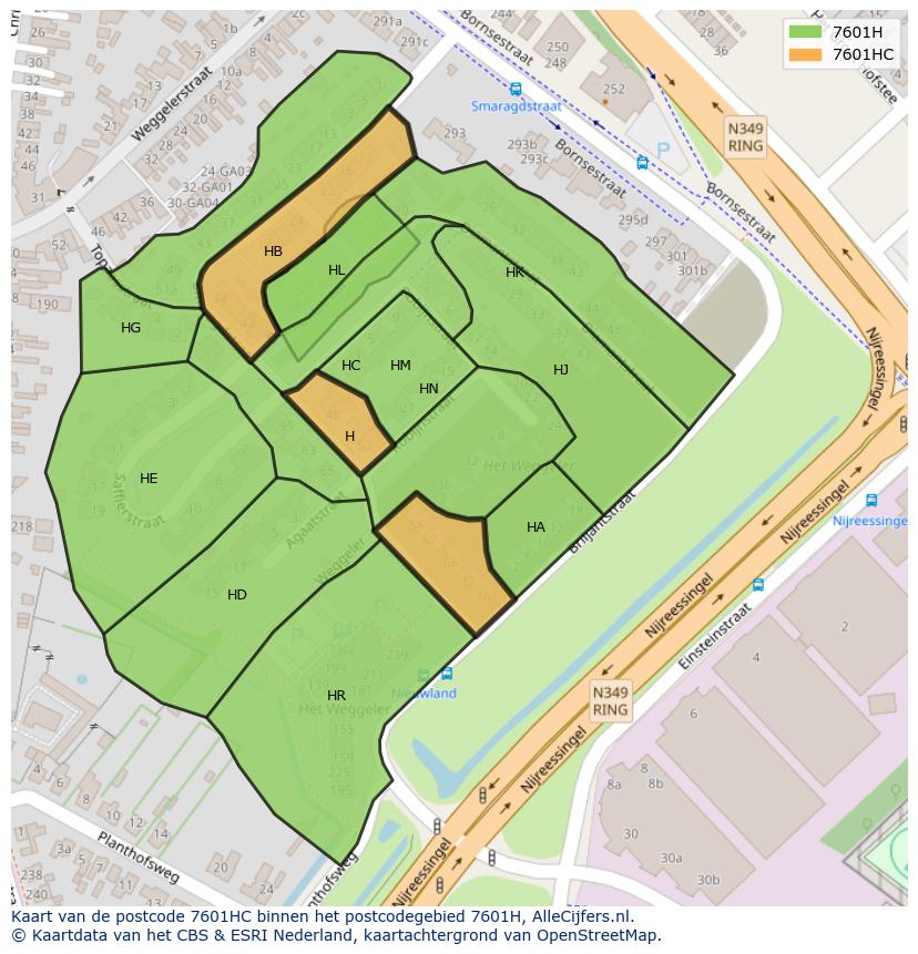 Afbeelding van het postcodegebied 7601 HC op de kaart.