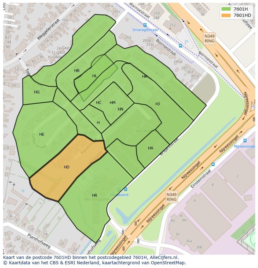 Afbeelding van het postcodegebied 7601 HD op de kaart.