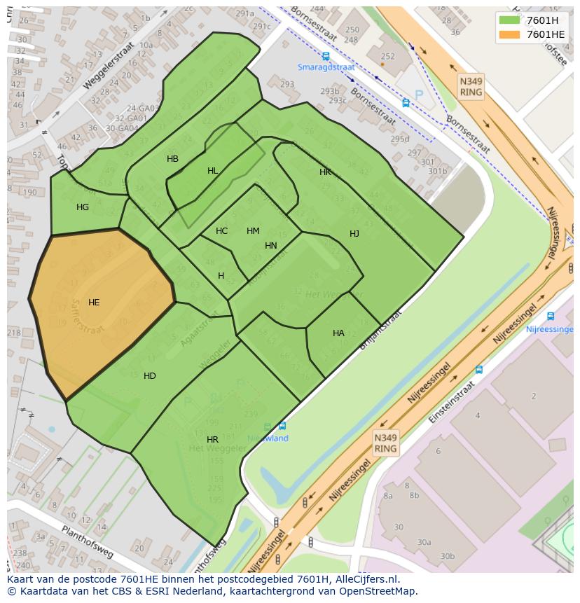 Afbeelding van het postcodegebied 7601 HE op de kaart.