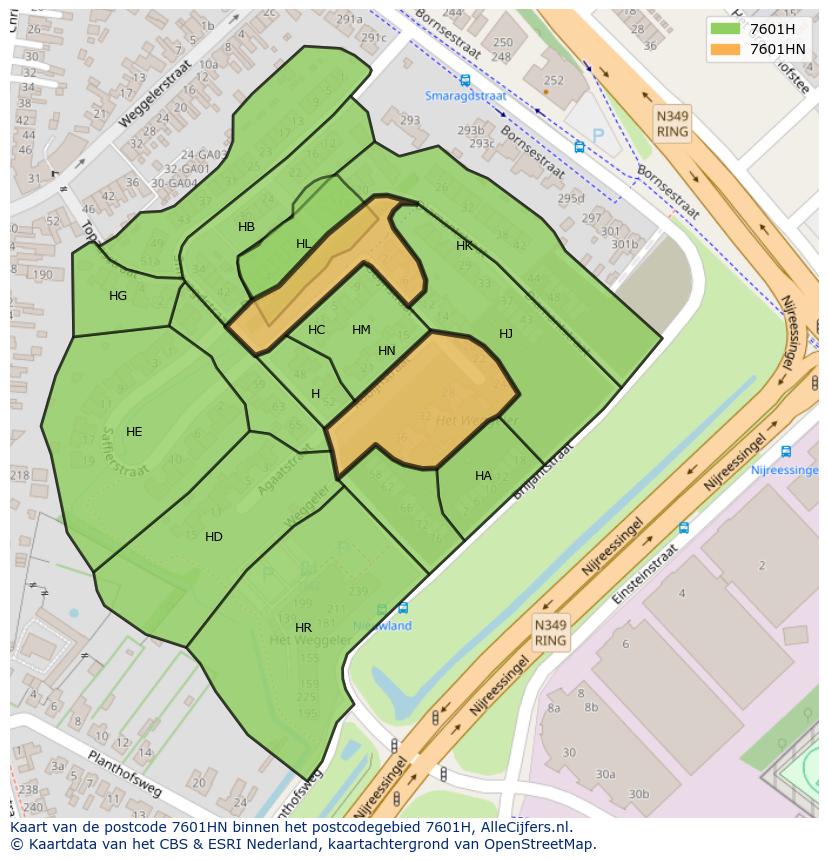 Afbeelding van het postcodegebied 7601 HN op de kaart.