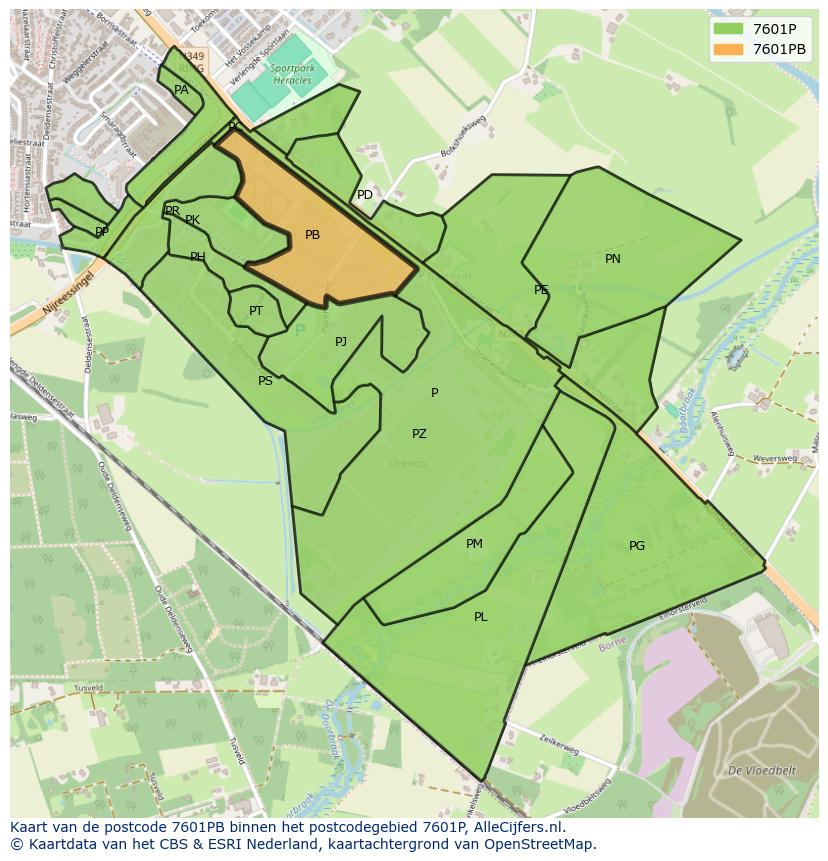 Afbeelding van het postcodegebied 7601 PB op de kaart.